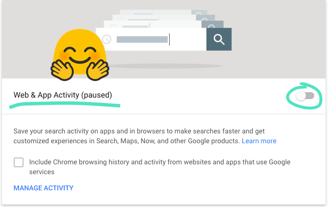 Schermata "Attività web e app" di Google, con l