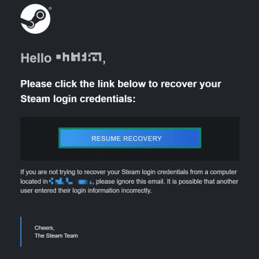 Email message from Steam. The "Resume Recovery" button is highlighted.
