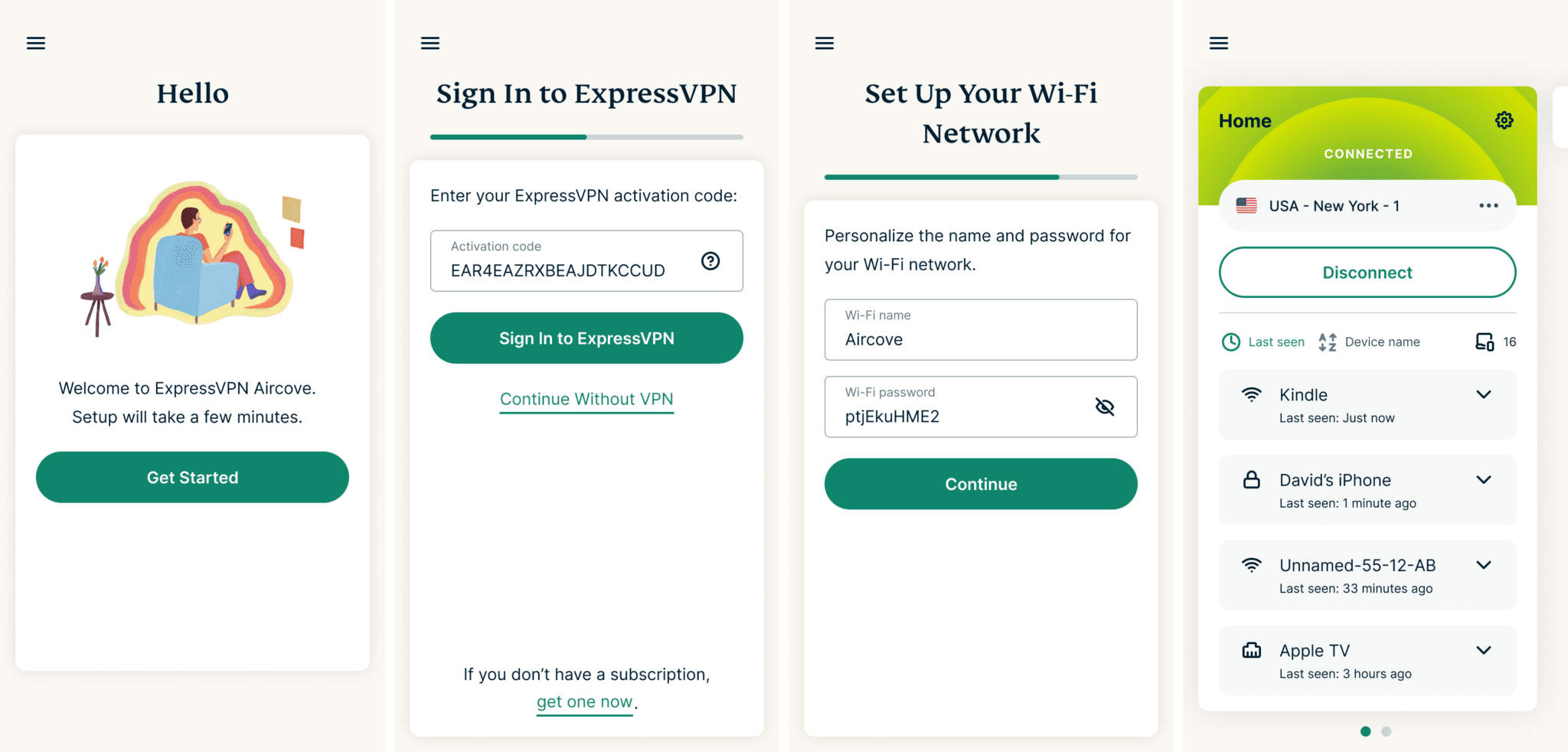 Aircove setup screens.