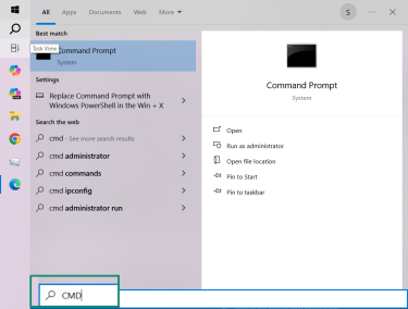 Windows Start menu showing search for CMD.