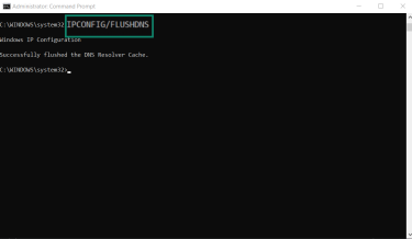 Windows Command Prompt showing ipconfig flushdns command
