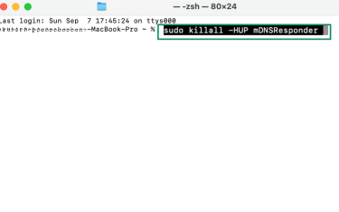Mac Terminal window running sudo killall HUP mDNSResponder command.