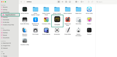 Mac Applications folder showing Console in Utilities.