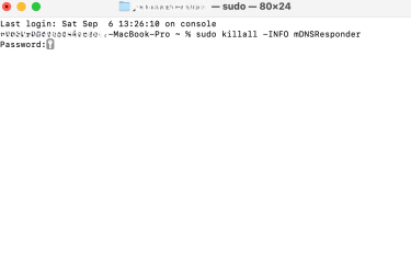 Mac Terminal running sudo killall -INFO mDNSResponder command.