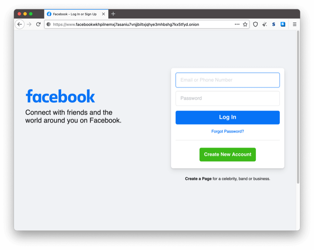 La página onion de Facebook en la dark web.