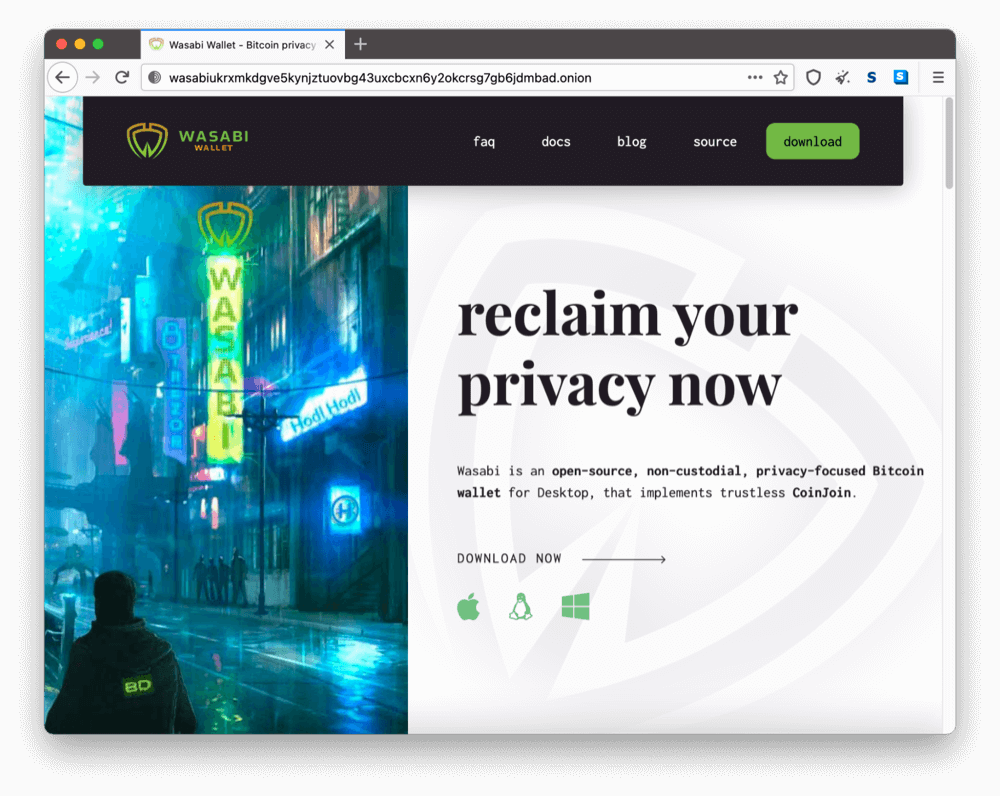 La página onion de Wasabi Wallet en la dark web.