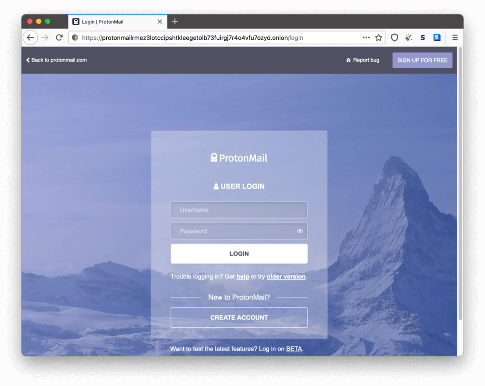 La página onion de ProtonMail en la dark web.