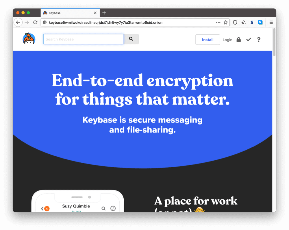 La página onion de Keybase en la dark web.