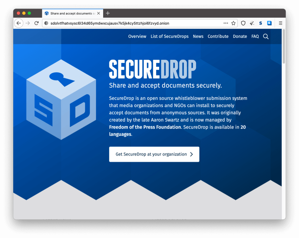 La página onion de Securedrop en la dark web.