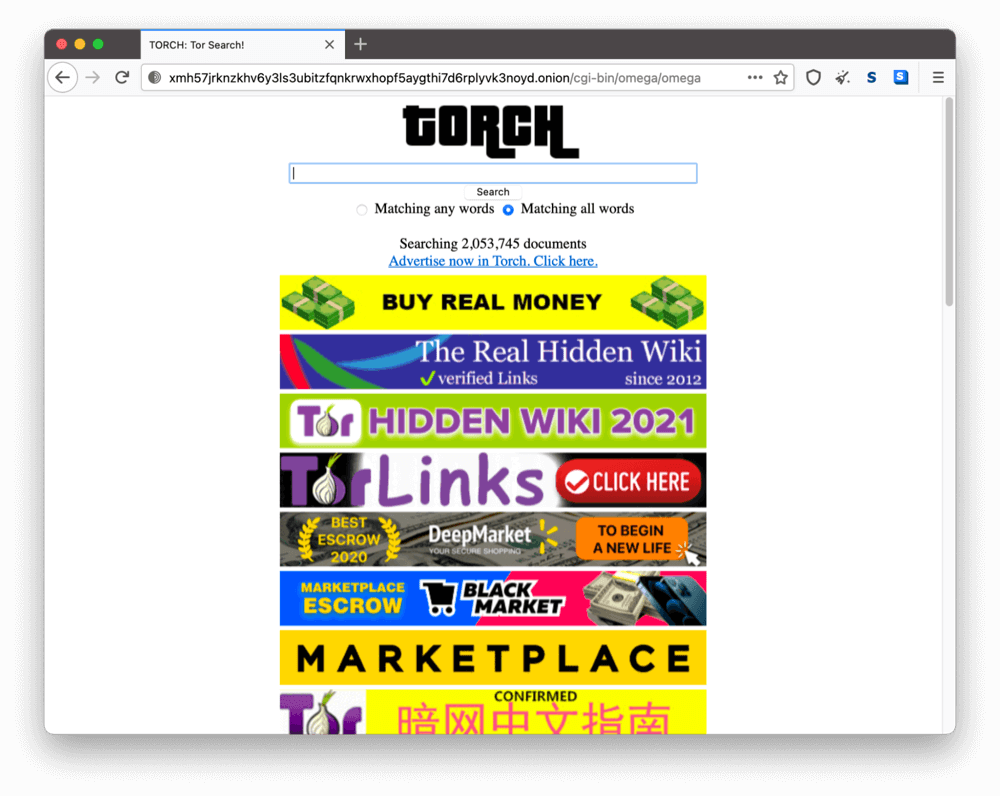 La página onion de Torch en la dark web.