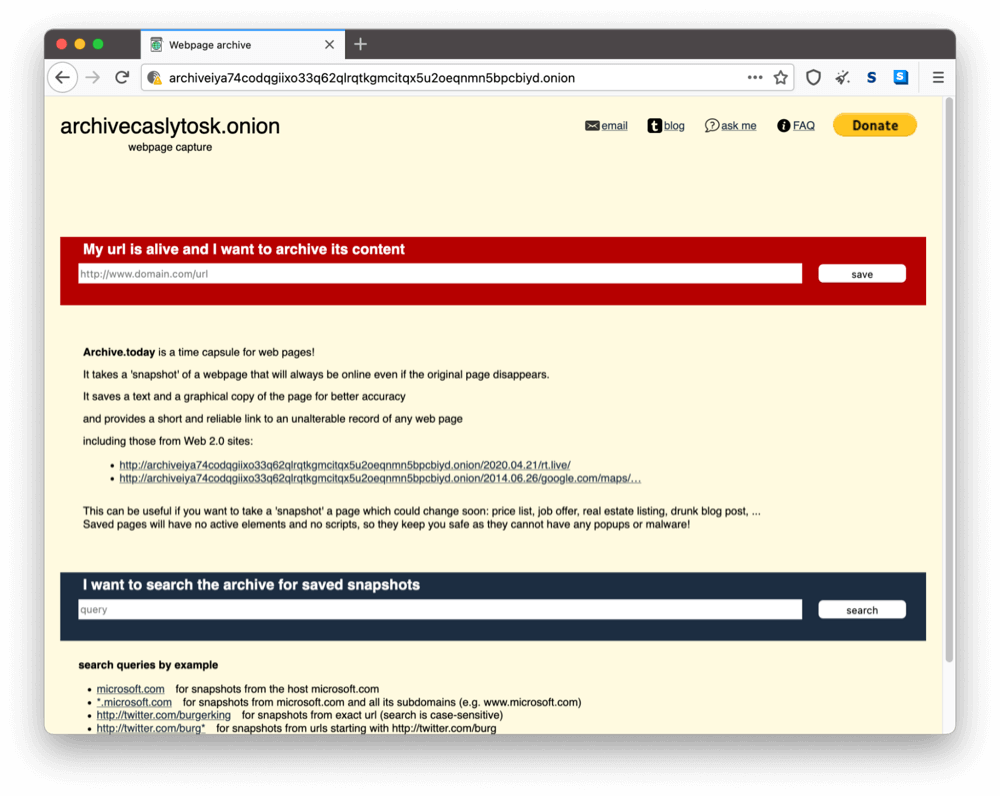 La página onion de Archive Today en la dark web