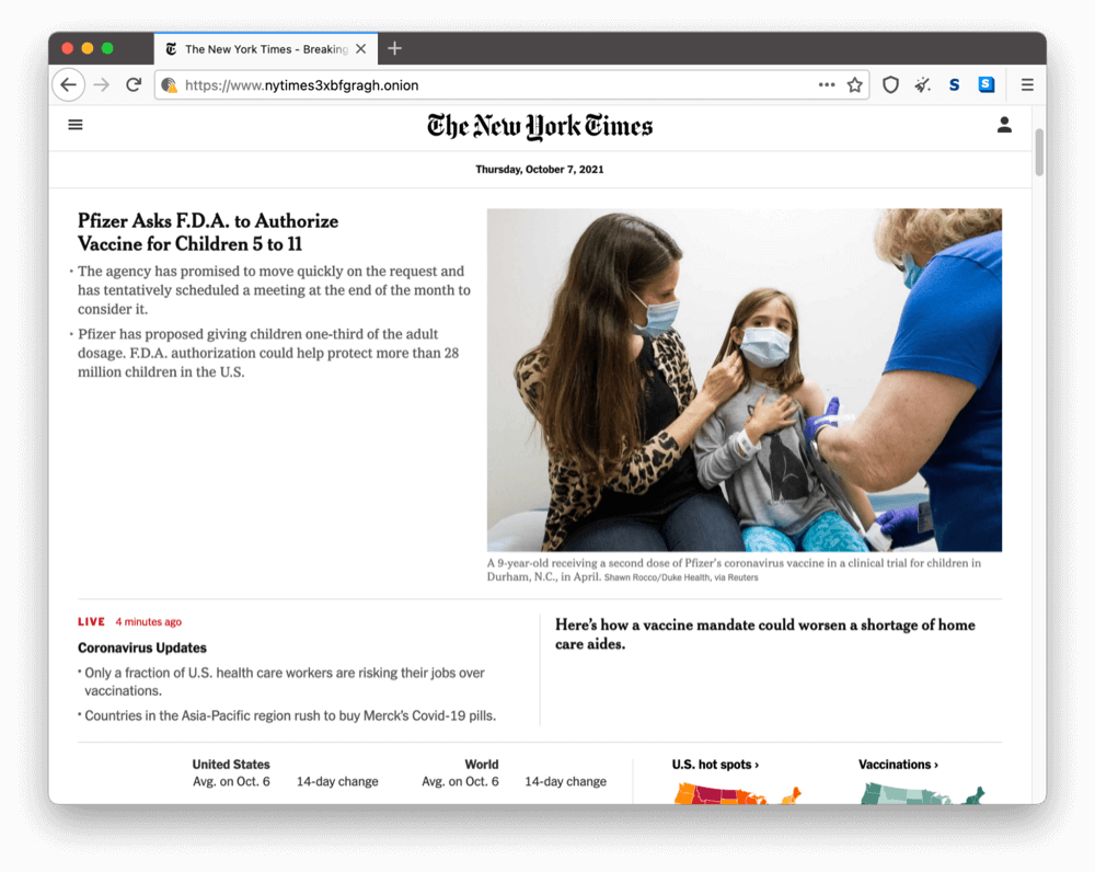 La página onion de The New York Times en la dark web.