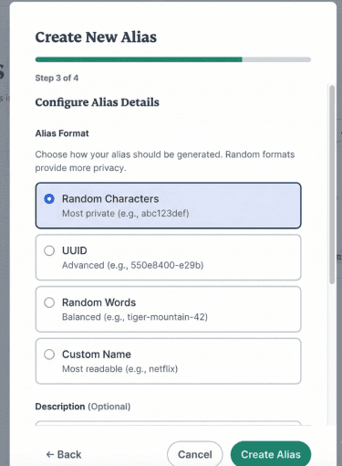 New Alias modal with Random Characters selected as the alias format.