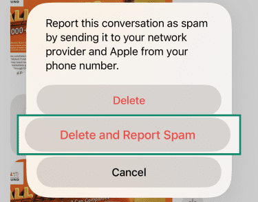 iPhone spam report prompt with Delete and Report Spam option.