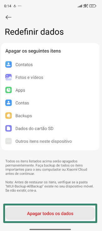 The factory reset options on an Android phone.