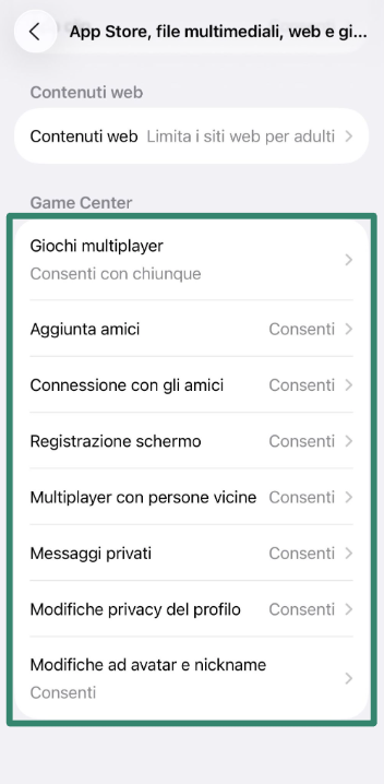 Game Center restrictions in Screen Time settings.