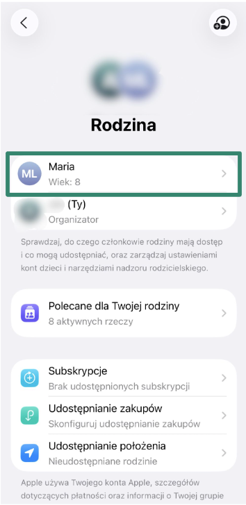 Family list with child’s name selected in iPhone Settings.