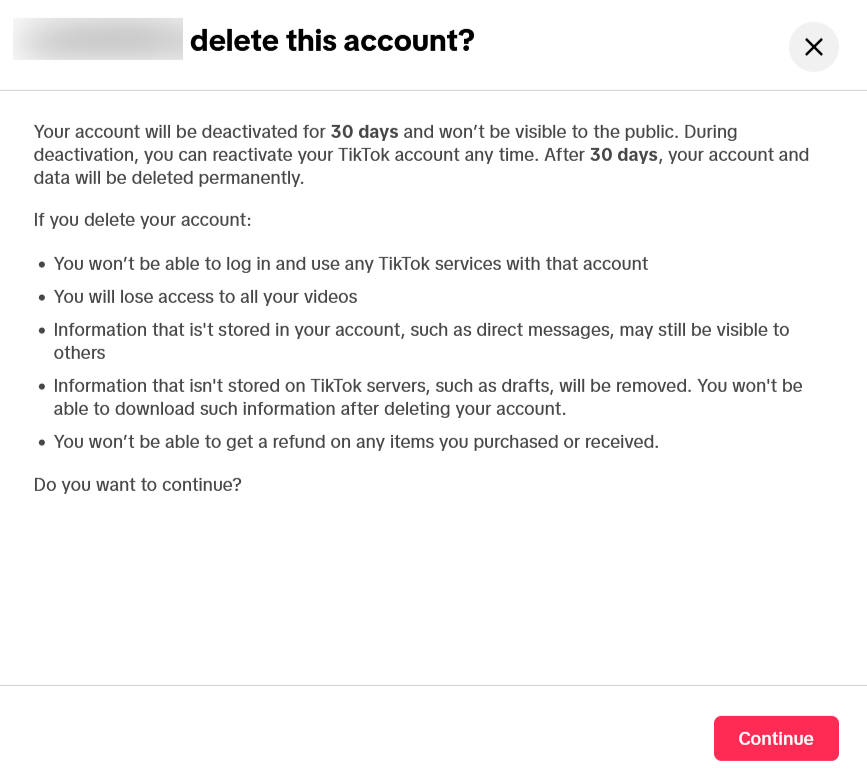 Screenshot showing how to continue TikTok's account deletion on the desktop website