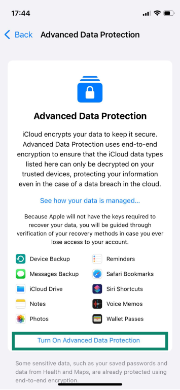 The Advanced Data Protection page on an iPhone, with the option to Turn On Advanced Data Protection highlighted.