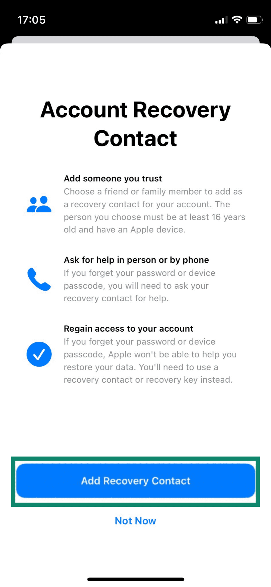 Adding the Advanced Data Protection recovery contacts on an iPhone.