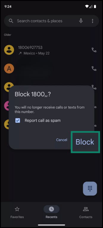 Android confirmation screen to block a number, with “Block” button highlighted.