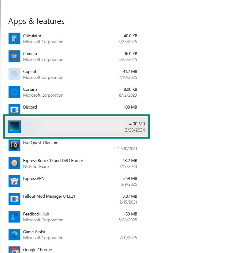 Finding a specific app through your Apps & Features menu.
