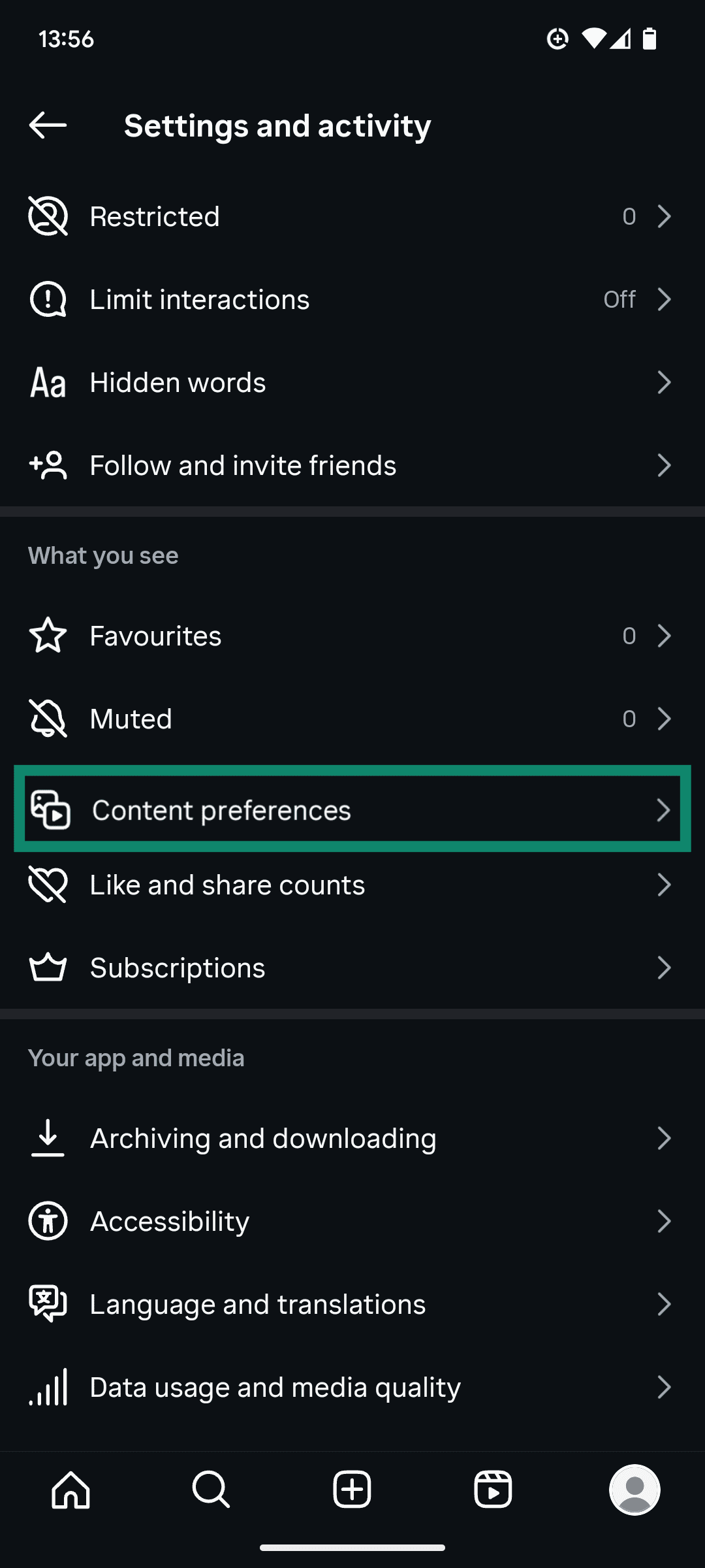 The Settings and activity menu of the Instagram app, showing the Content preferences option.