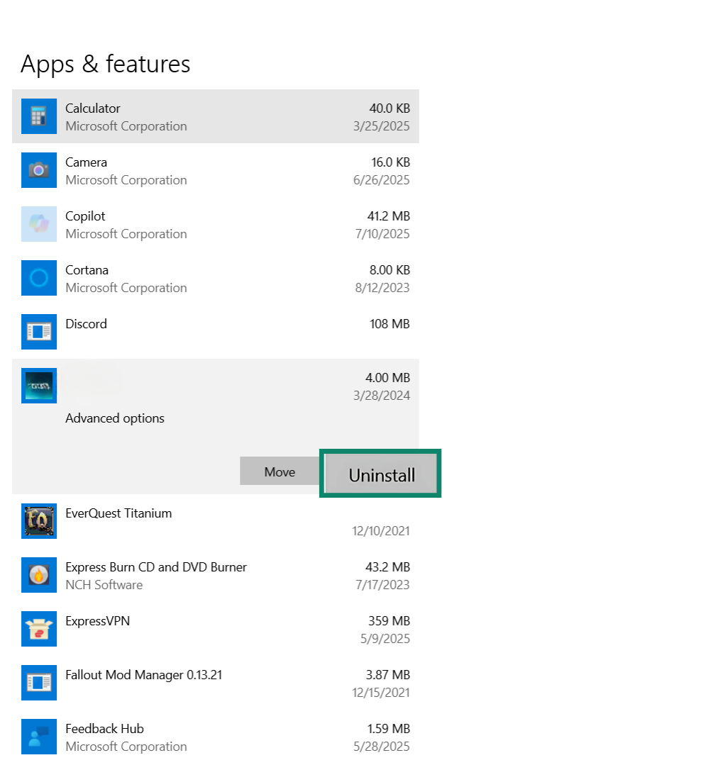 Uninstalling an app from Apps & Features.