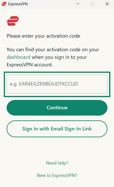 Logging into ExpressVPN on Windows using activation code