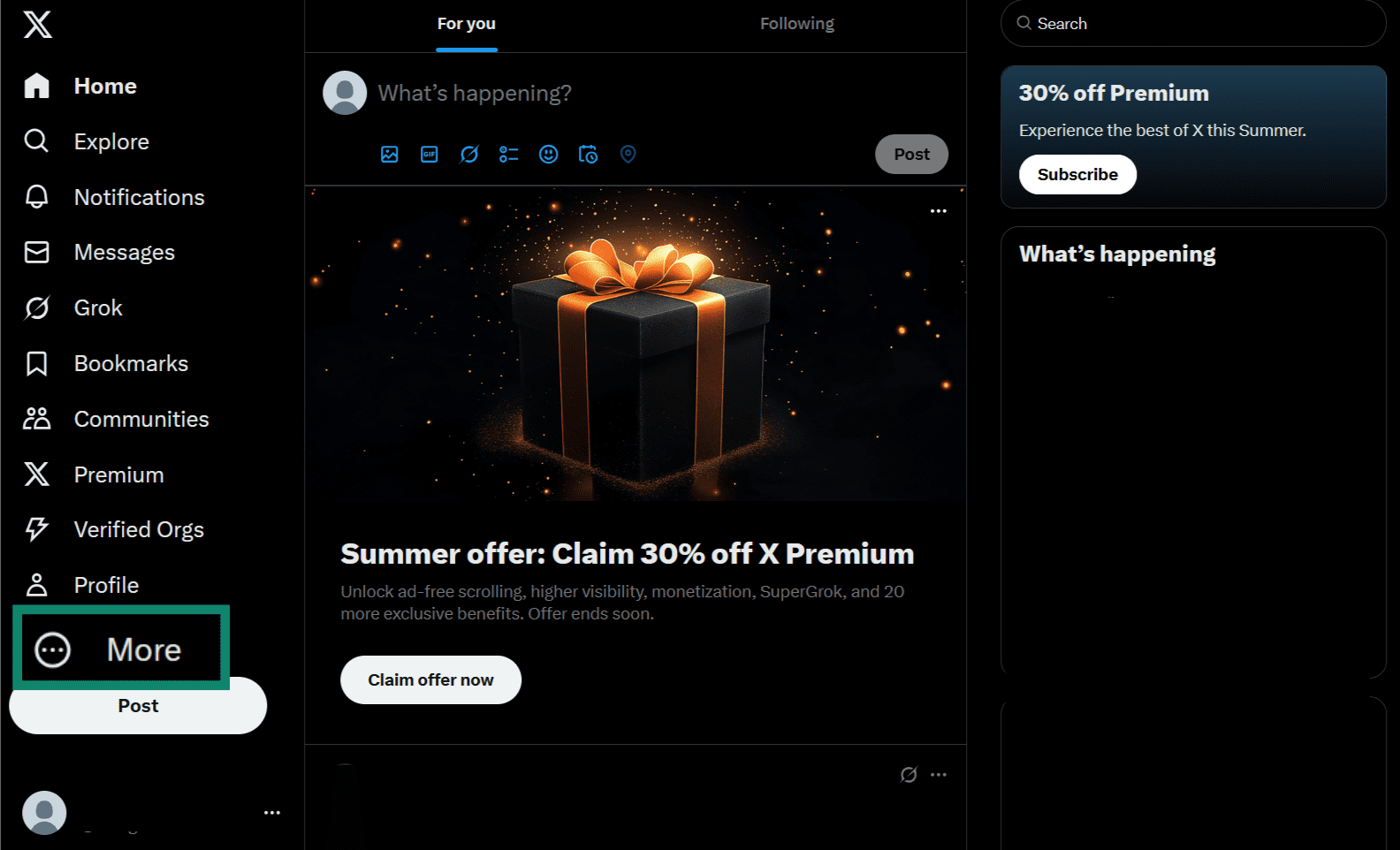 The homepage of the Twitter website, showing the More button.
