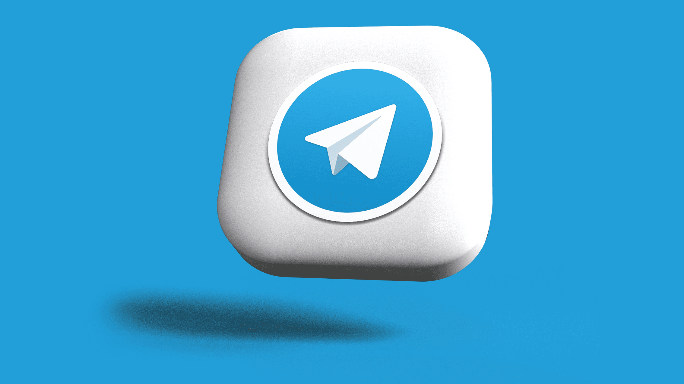 Telegram logo. A white paper airplane inside a blue circle on a 3D white icon, set against a blue background.