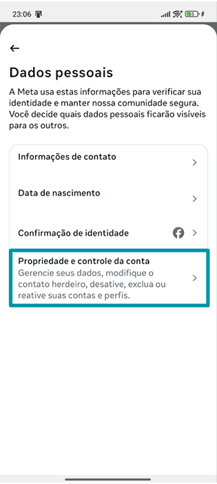 Facebook Android app Personal details settings with Account ownership and control highlighted.