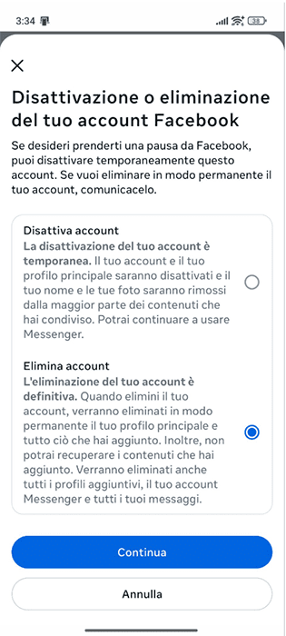 Facebook Android app selection screen for deactivating or deleting your Facebook account.