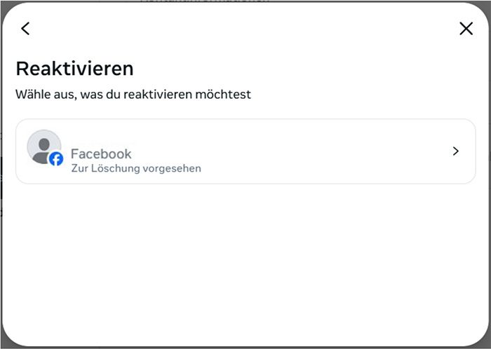 Facebook screen for selecting an additional profile to reactivate.