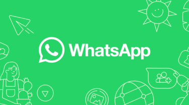 WhatsApp logo on a green background, surrounded by white line-art icons like a sun, paper plane, and user profiles.