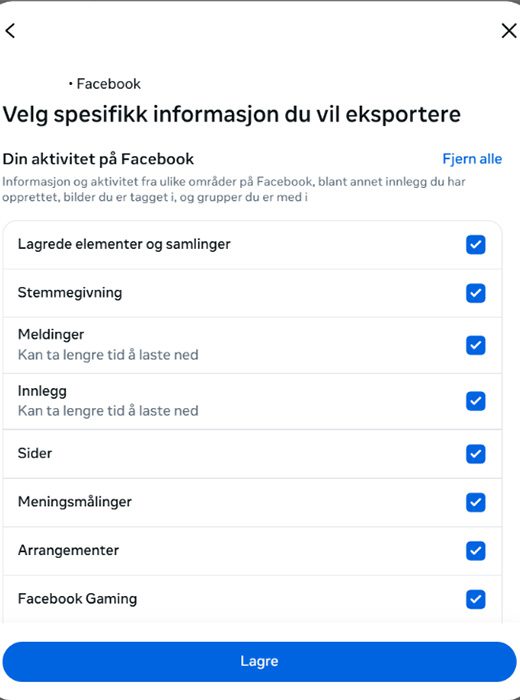 Facebook choosing what activity information to export.