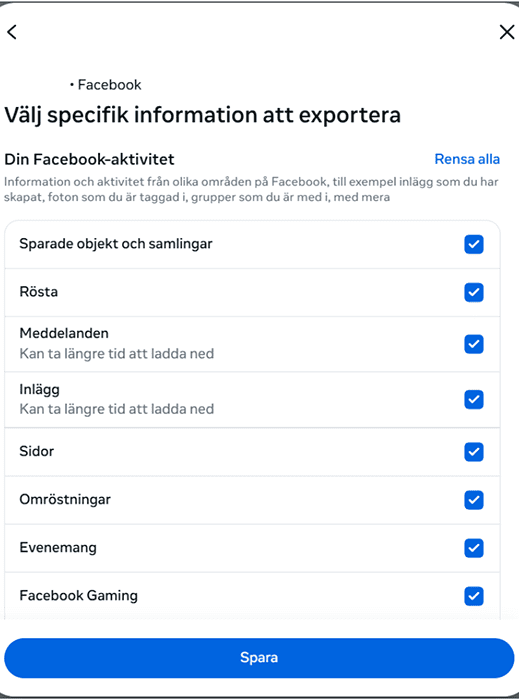Facebook choosing what activity information to export.