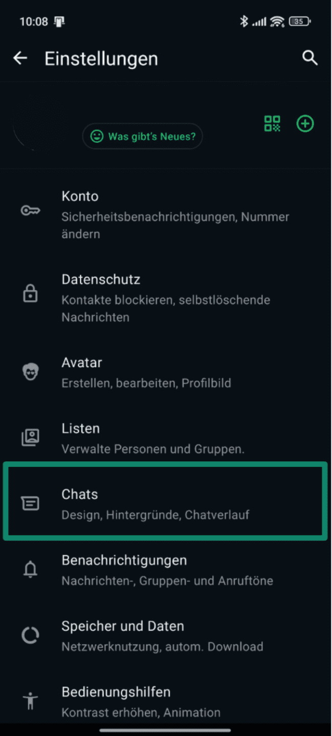 WhatsApp settings screen on Android showing different options