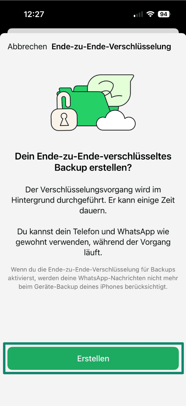 Confirmation screen asking to create end-to-end encrypted backup with Create button