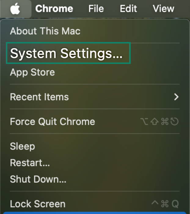Mac Apple icon menu with System Settings highlighted.