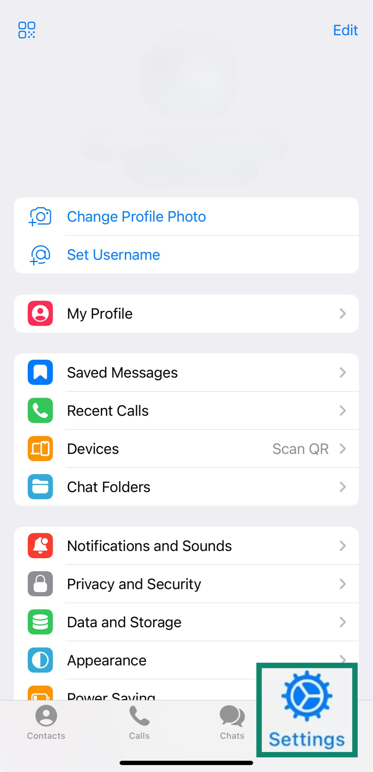 Telegram app settings page showing profile, privacy, and security options.