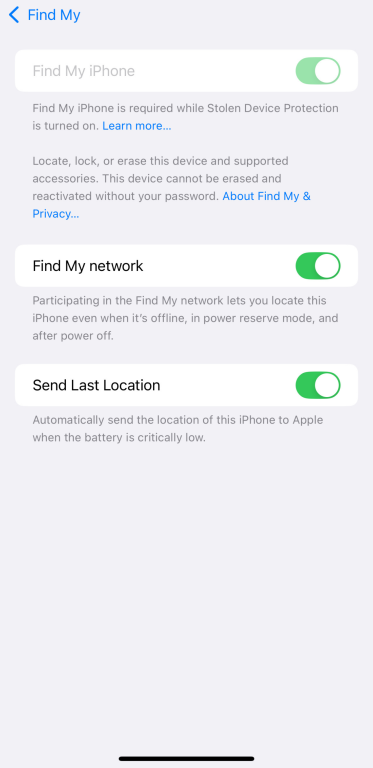 Find My iPhone, Find My network, and Send Last Location toggles all enabled on iPhone.