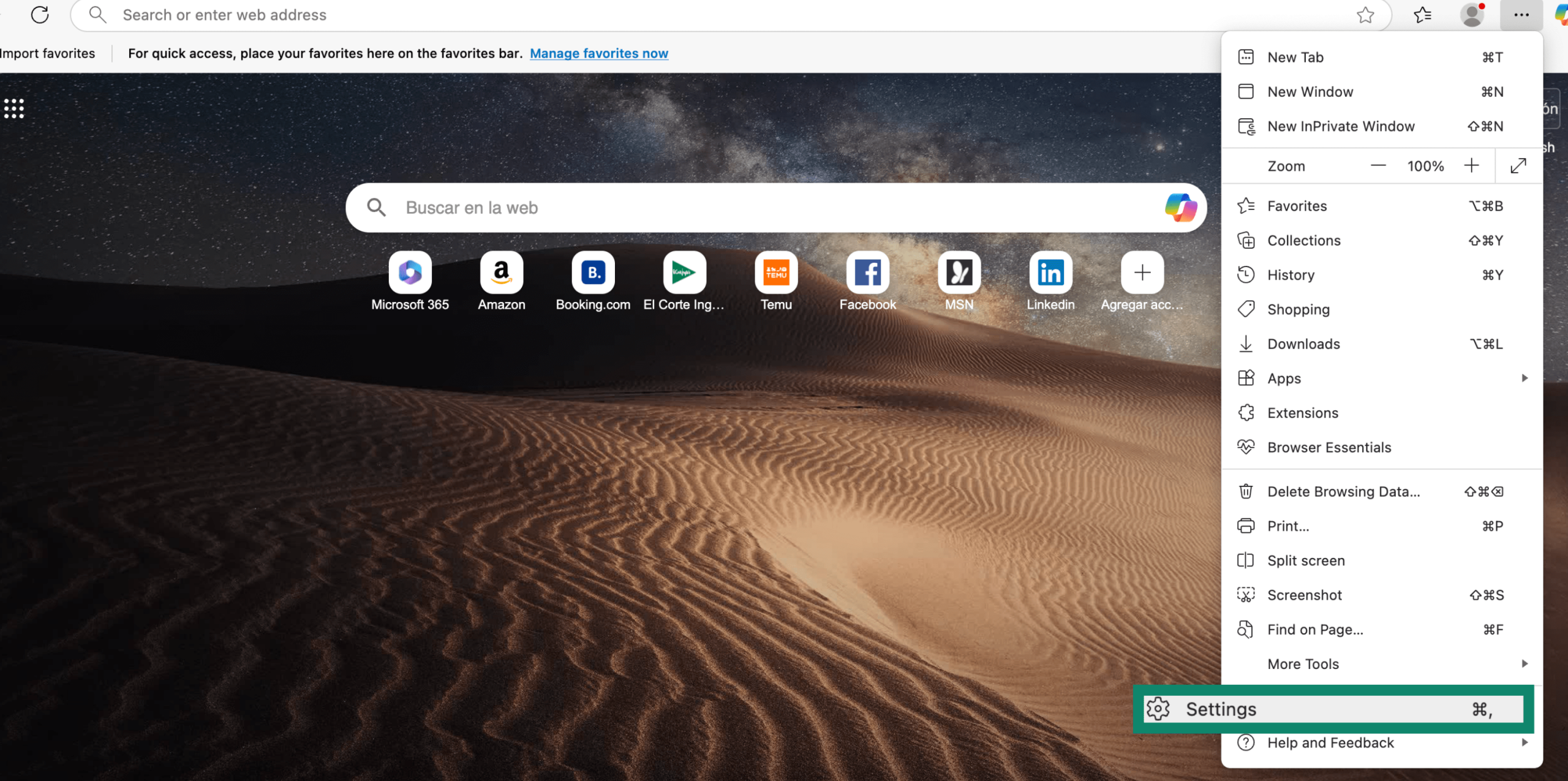 Edge dropdown menu showing Settings option selected after clicking the three-dot menu.