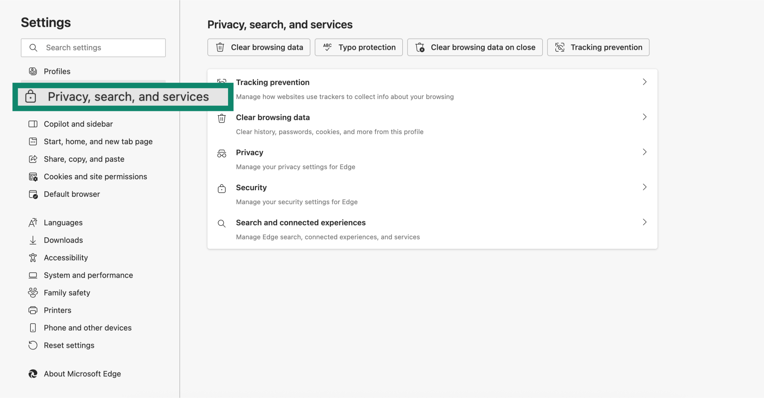 Microsoft Edge settings Privacy search and services highlighted