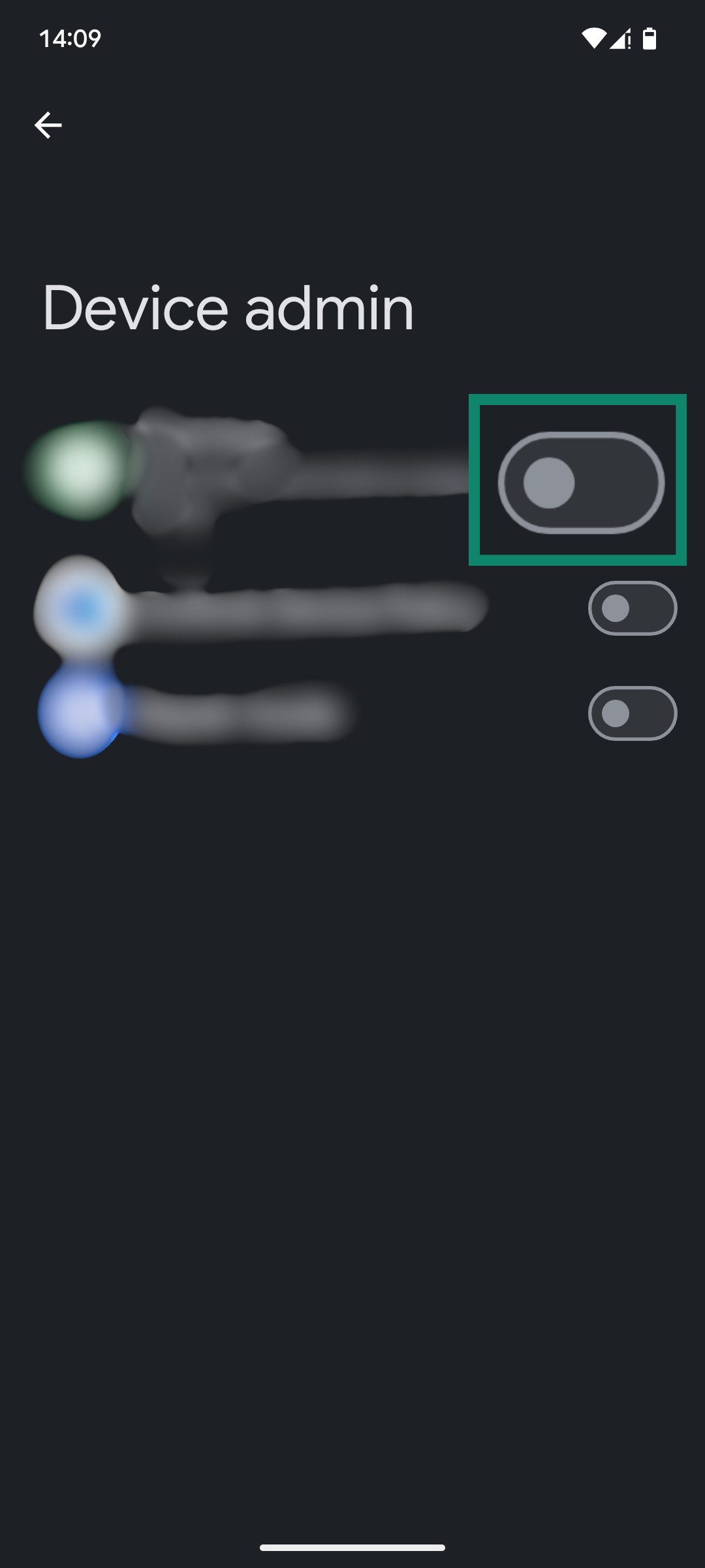 A list of Android apps with admin privileges, showing the toggle switch to disable admin rights for each app.