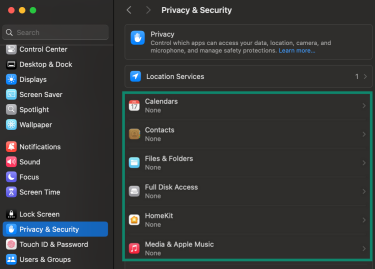 Mac System Settings Privacy & Security tab with apps highlighted.