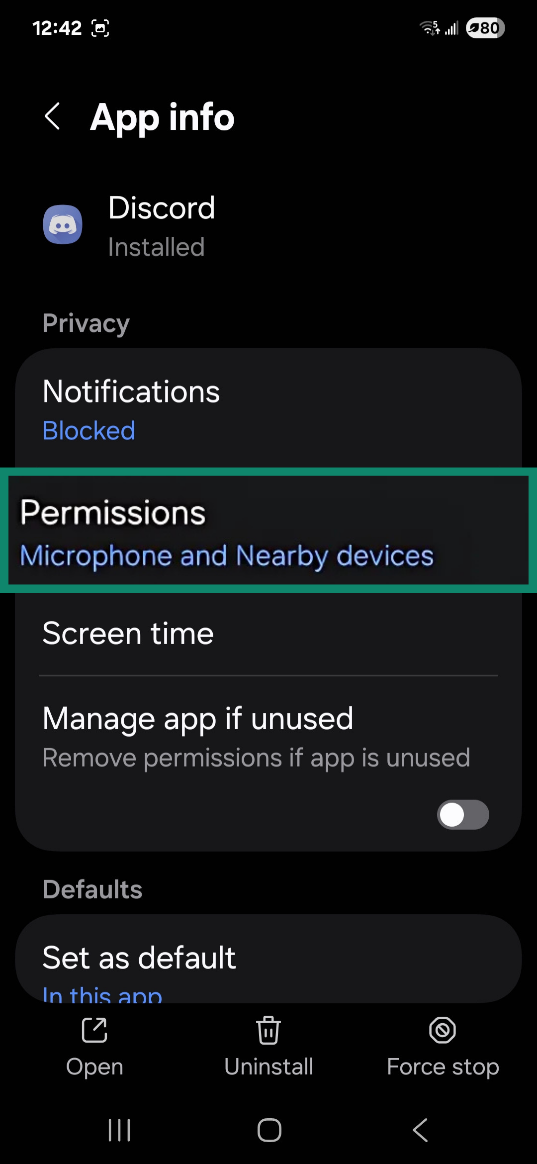Discord App info highlighting Permissions.