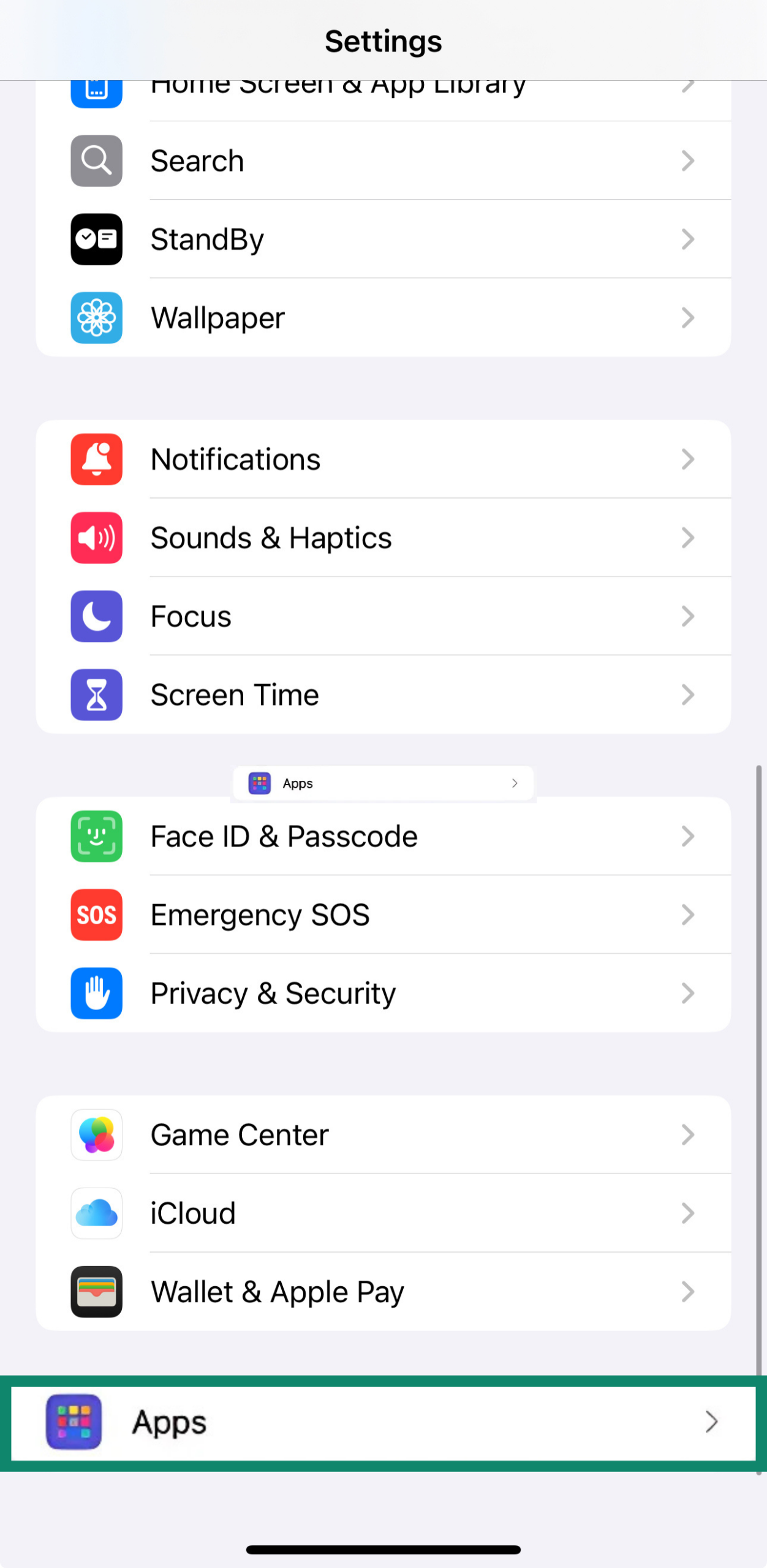 iPhone Settings menu highlighting Apps.