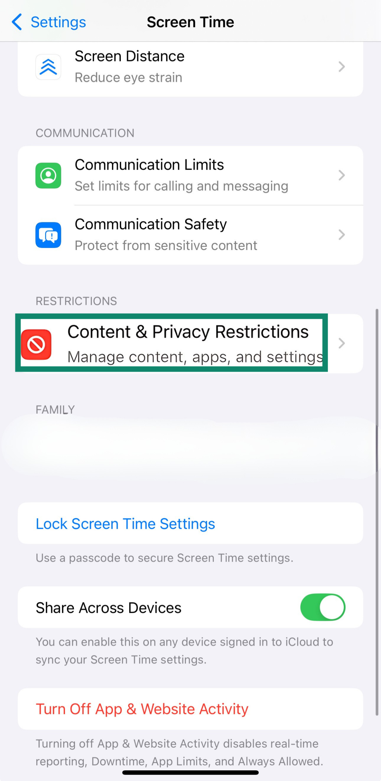 An iPhone's Content & Privacy Restrictions option