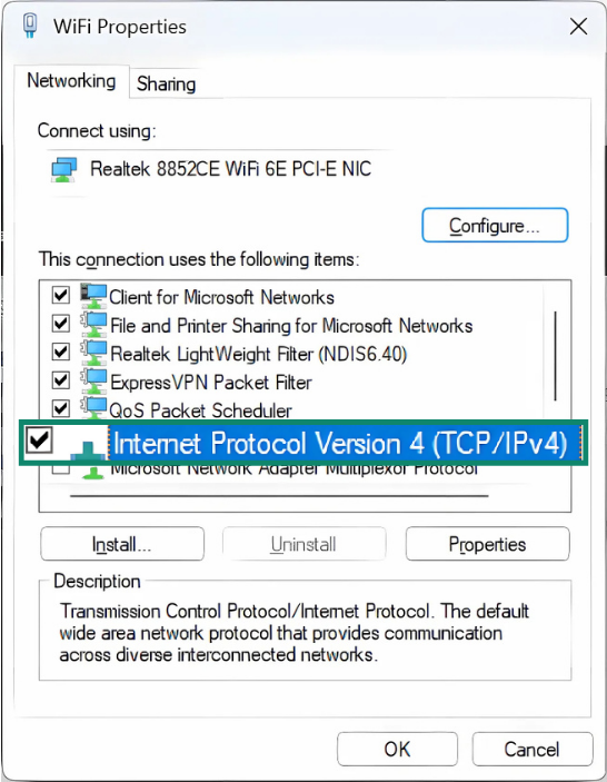 Select the Internet Protocol Version 4 (TCP/IPv4) option and click on the Properties option.